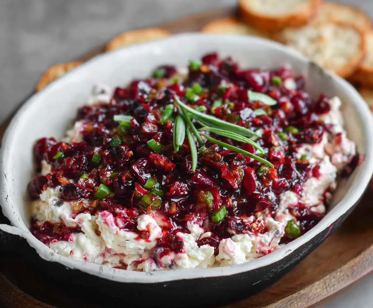 Cream cheese dip with fresh cranberries and jalapenos, perfect for parties.