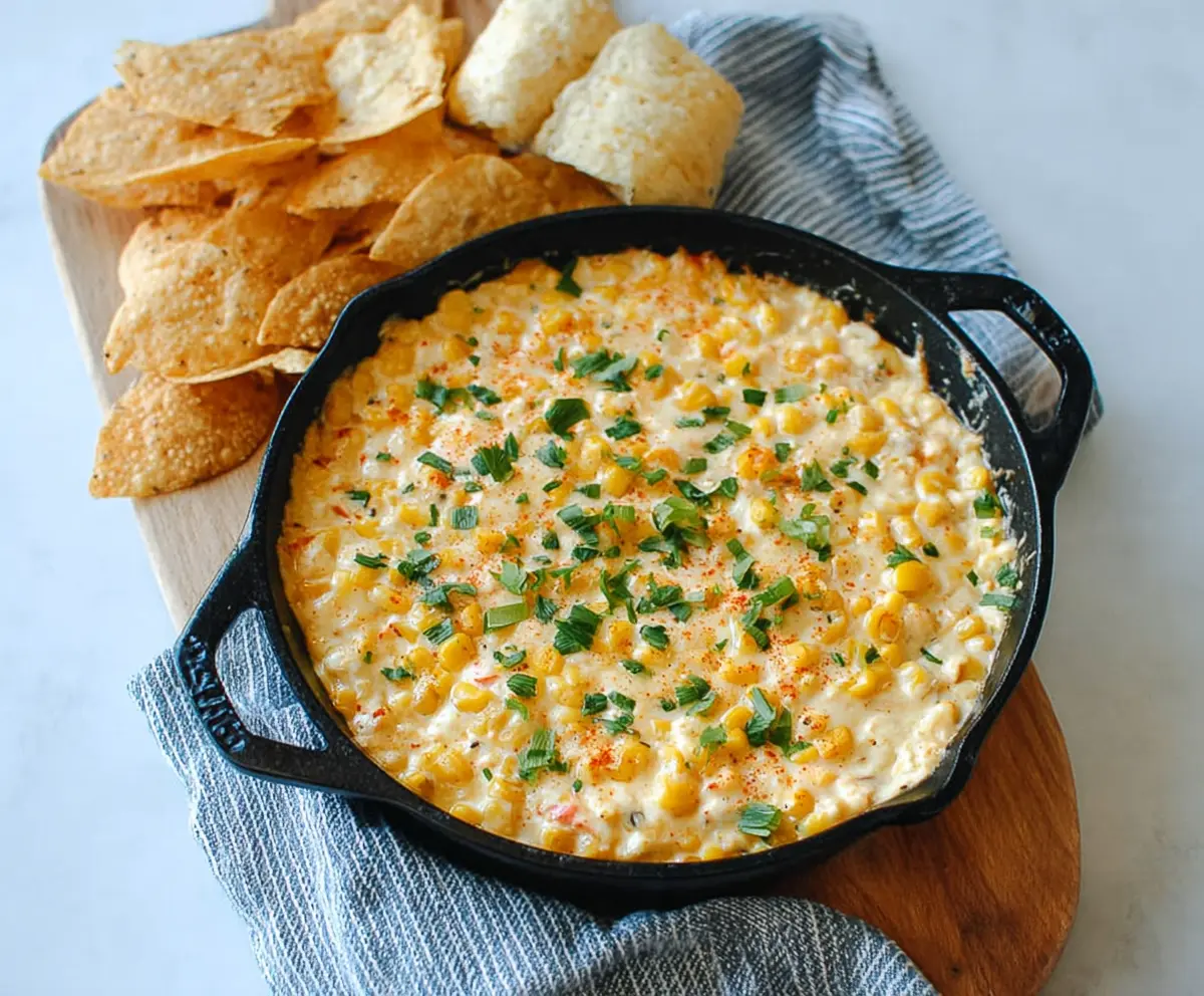 Delicious creamy cream cheese corn dip served in a bowl, perfect for parties and gatherings.