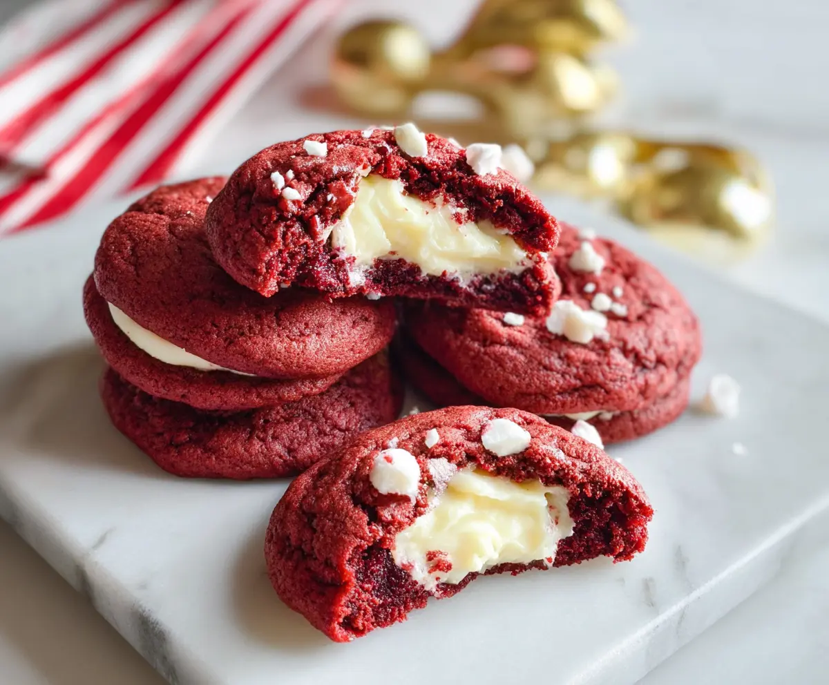 Delicious red velvet cookies filled with creamy cream cheese for a tasty treat.