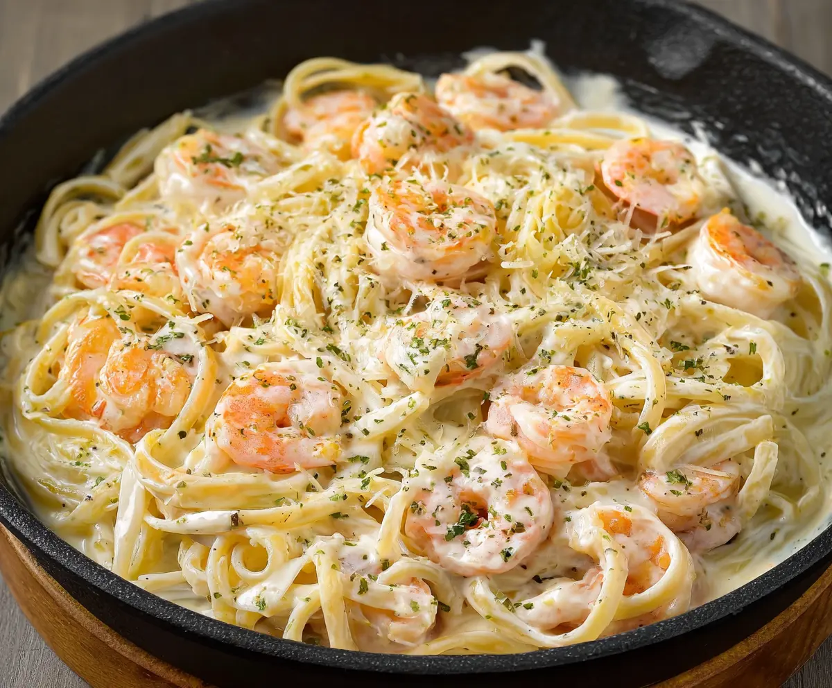 Hearty creamy Alfredo shrimp pasta garnished with herbs served in a white bowl.