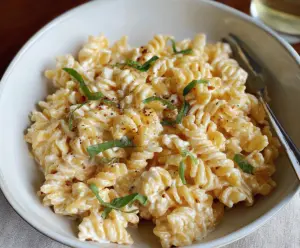 Creamy cottage cheese pasta dish served on a plate, garnished with herbs for a delicious meal