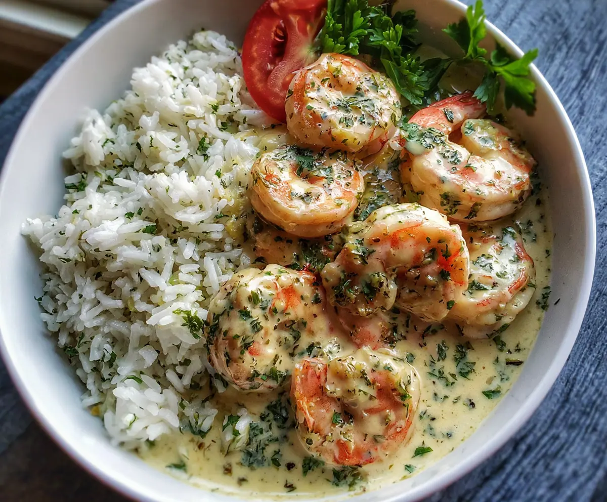 Creamy garlic butter shrimp served in a bowl with fluffy herb rice and fresh herbs for a delicious seafood meal