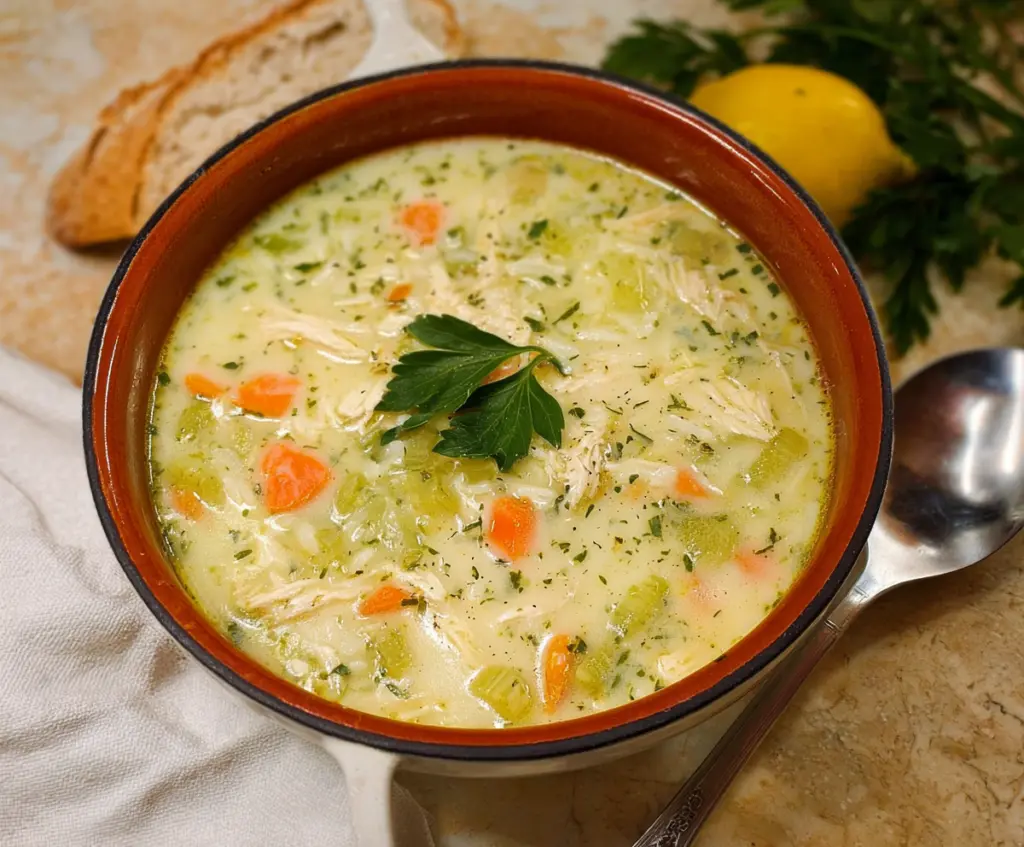 Creamy leek, chicken, and rice soup in a bowl with fresh herbs