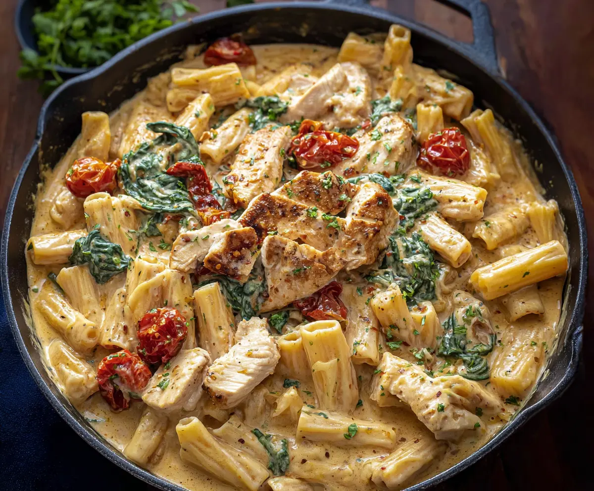 Creamy Tuscan Chicken Pasta served on a white plate with fresh basil garnish