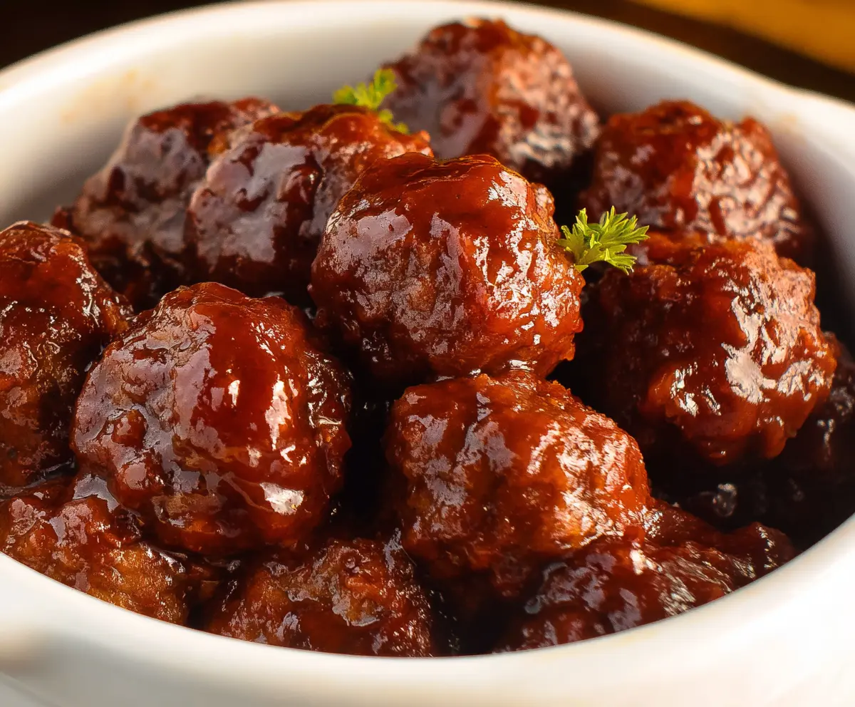 Delicious Crock Pot BBQ Meatballs served in a bowl with sauce and side garnishes