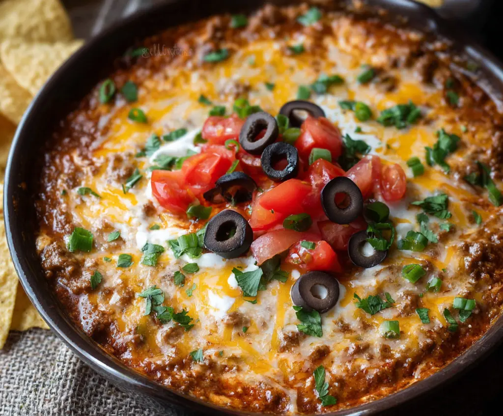 Creamy Crock Pot Beef Nacho Dip topped with melted cheese, jalapenos, and fresh cilantro.