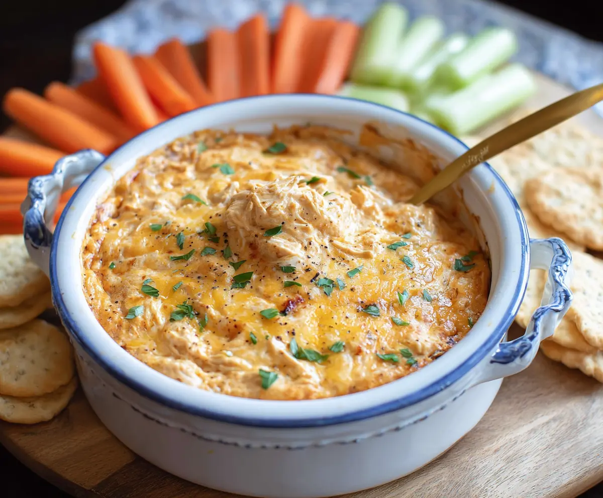 Creamy crock pot chicken dip with shredded chicken, cheese, and herbs served in a serving bowl.