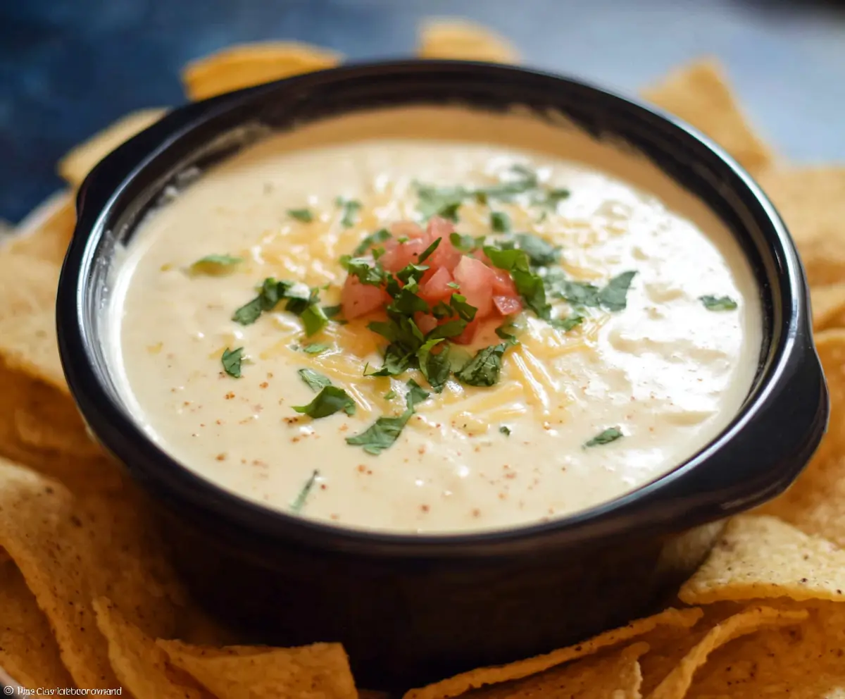 Creamy Crock Pot White Cheese Dip served with tortilla chips for a delicious appetizer.