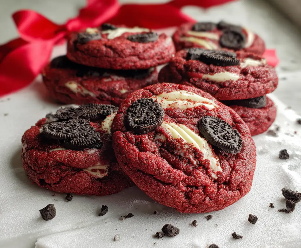 Delicious crushed Oreo topping on a red velvet cookie for a tasty dessert.