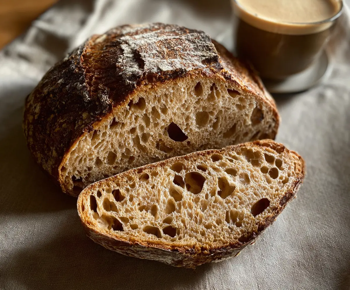 Delicious crusty sourdough bread with coffee on a rustic table perfect for breakfast or snack.