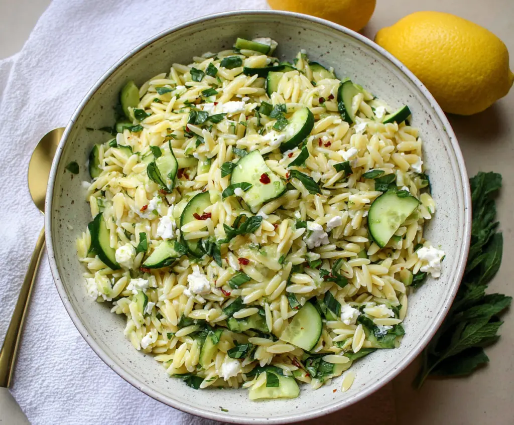 Refreshing cucumber lemon orzo salad in a bowl, perfect for summer meals