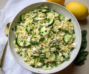 Refreshing cucumber lemon orzo salad in a bowl, perfect for summer meals