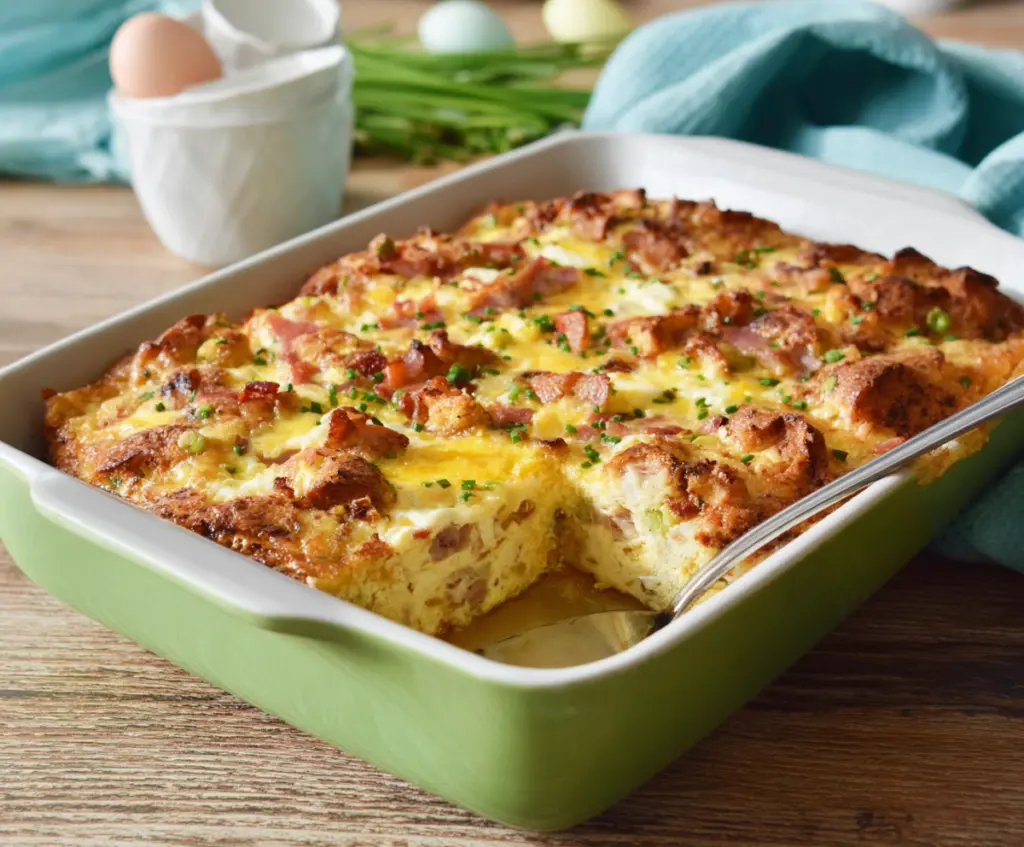 Delicious Easter Breakfast Casserole with eggs, cheese, and ham in a baking dish.