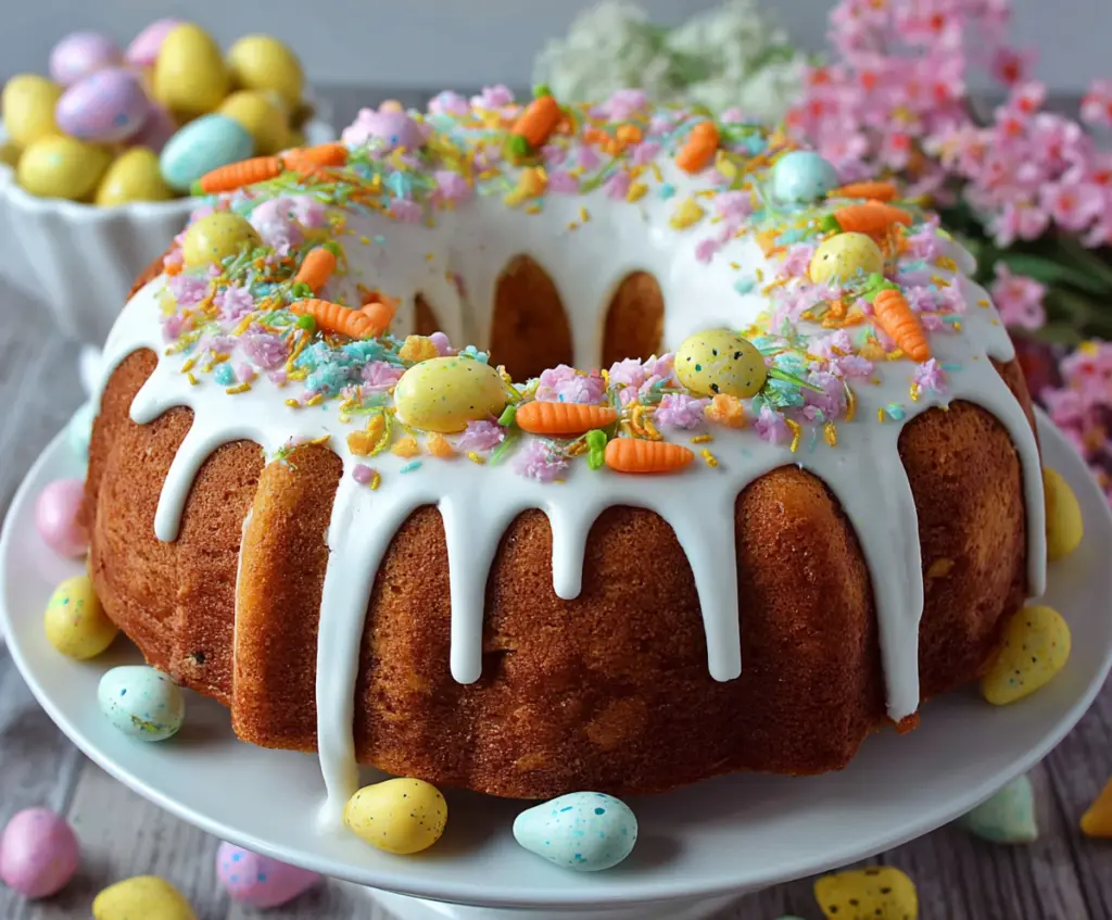 Beautiful Easter Bundt Cake decorated with colorful icing and sprinkles for a festive celebration.