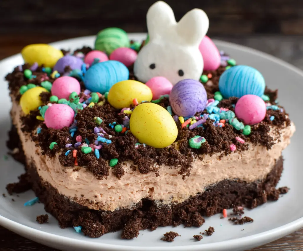 Easter Dirt Cake in a clear glass serving dish with chocolate pudding, crushed cookies, and colorful candy eggs for a festive dessert.