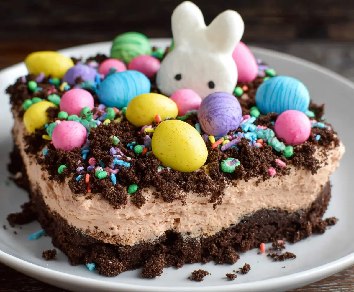 Easter Dirt Cake in a clear glass serving dish with chocolate pudding, crushed cookies, and colorful candy eggs for a festive dessert.
