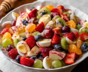 Colorful Easter Fruit Salad with fresh strawberries, grapes, and diced melons in a festive bowl