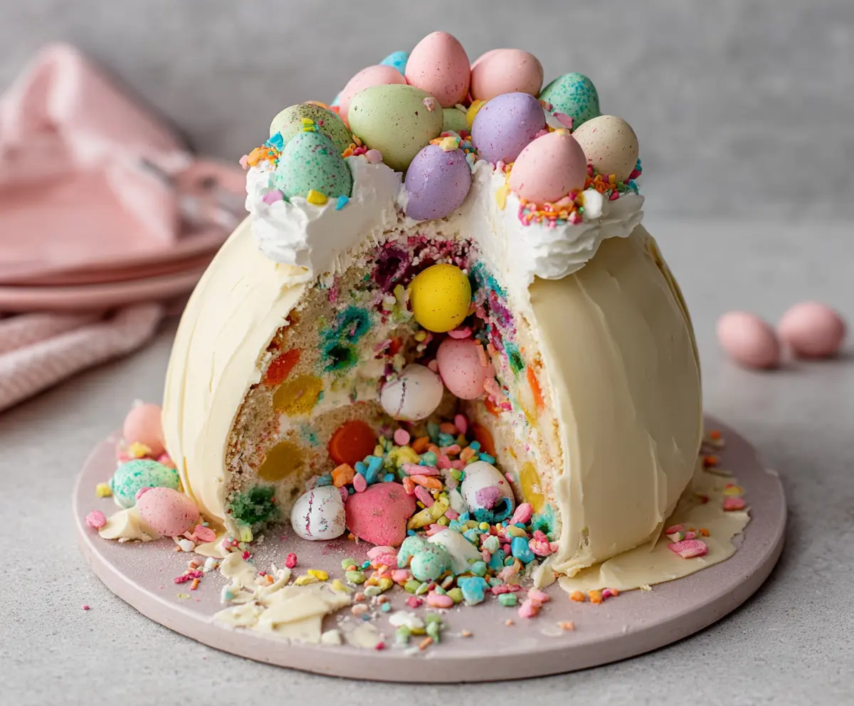 Colorful Epic Easter Egg Smash Cake with vibrant frosting and decorative eggs for a festive celebration.