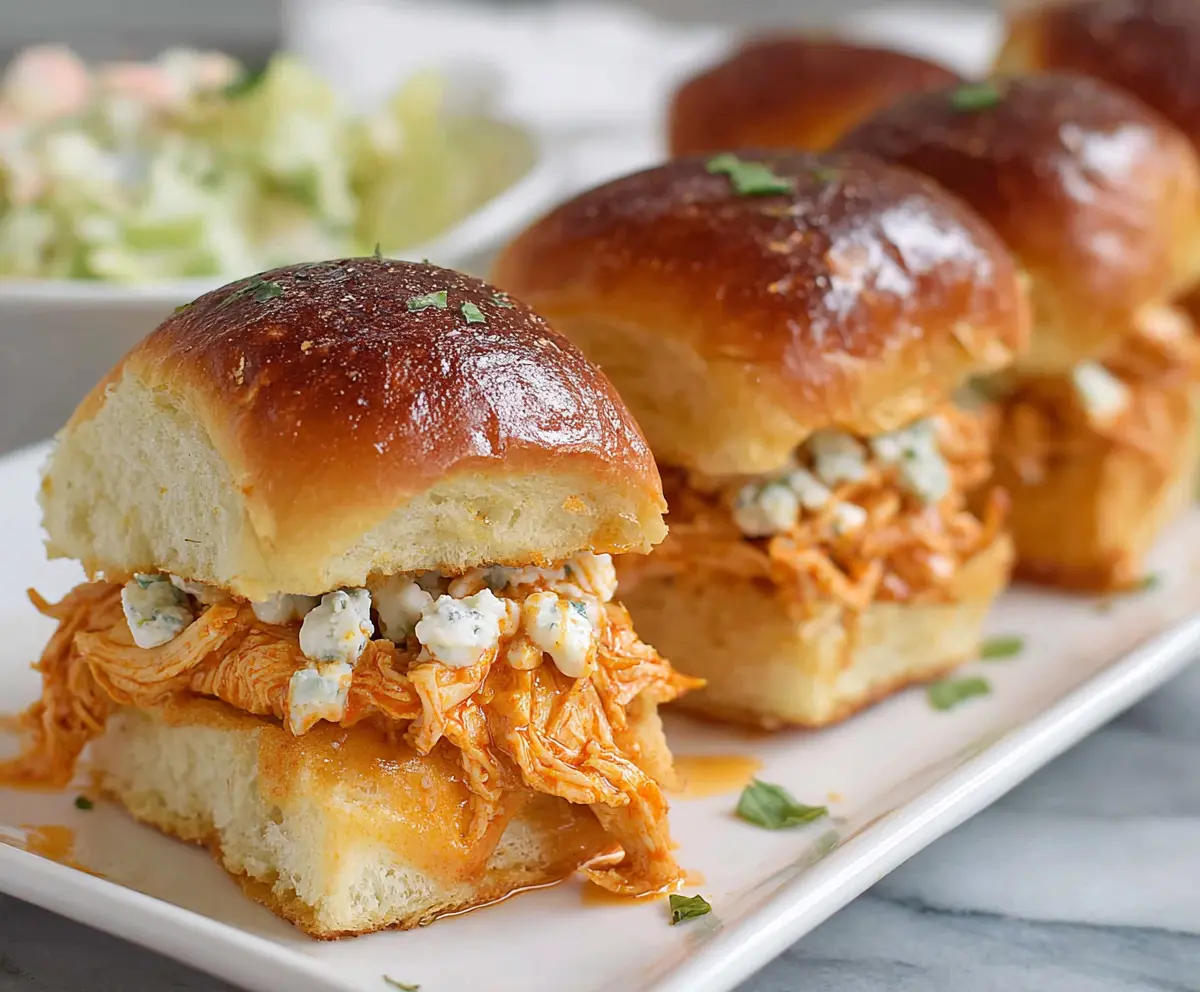 Delicious fiery buffalo chicken sliders bake with crispy buns and spicy buffalo sauce.