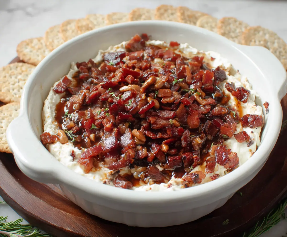 Delicious Fig and Bacon Boursin Cheese Dip served with fresh crackers and fruit