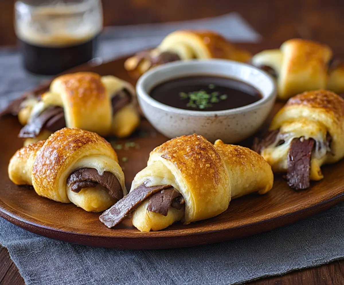 Golden French Dip Crescents filled with savory roast beef and melted cheese, served with a flavorful dipping sauce.