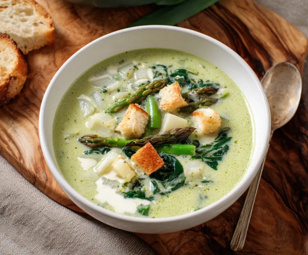 Delicious French Spring Soup with fresh herbs, colorful vegetables, and a steaming bowl served in a rustic setting.