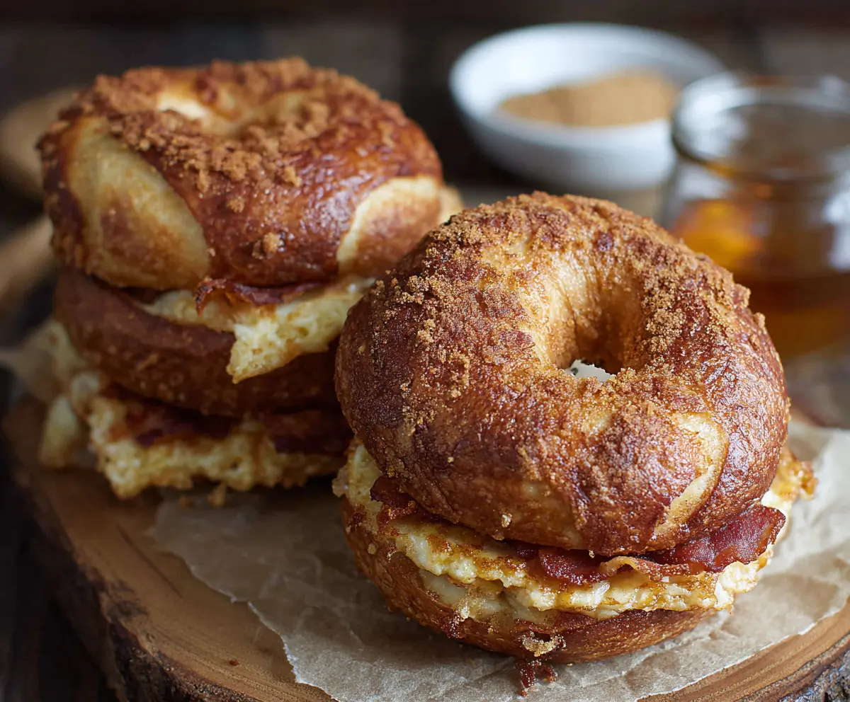 Delicious French Toast Bagels topped with syrup and fresh berries for breakfast.