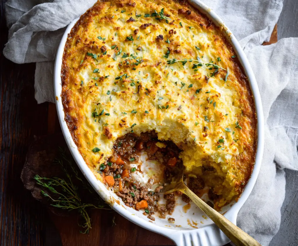 Delicious gluten-free shepherd's pie topped with mashed potatoes and seasoned ground meat.