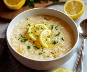Creamy Greek Lemon Rice Soup in a bowl with fresh herbs and lemon slices.