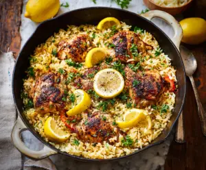 Delicious Greek lemon rice with tender chicken pieces served on a plate