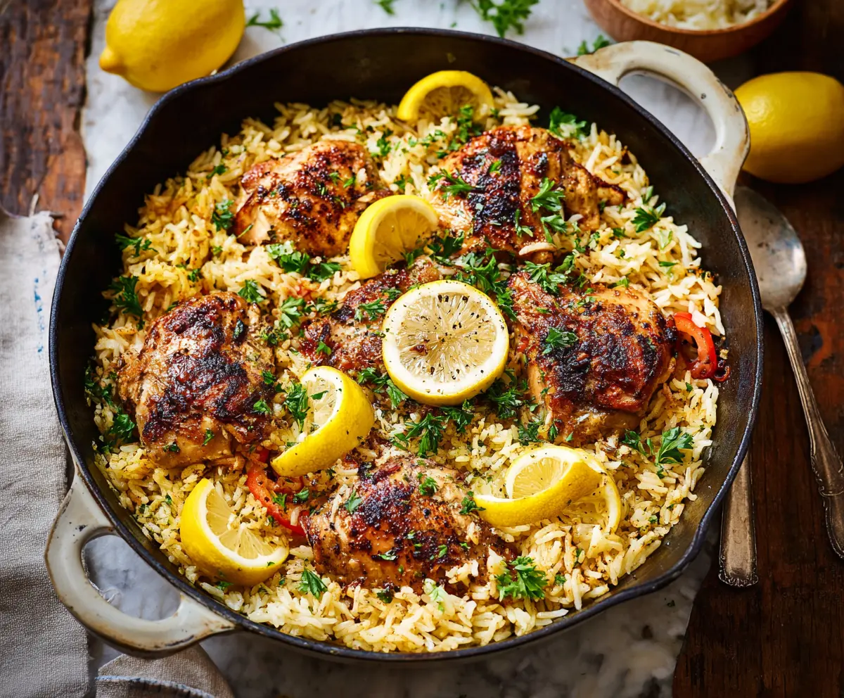 Delicious Greek lemon rice with tender chicken pieces served on a plate