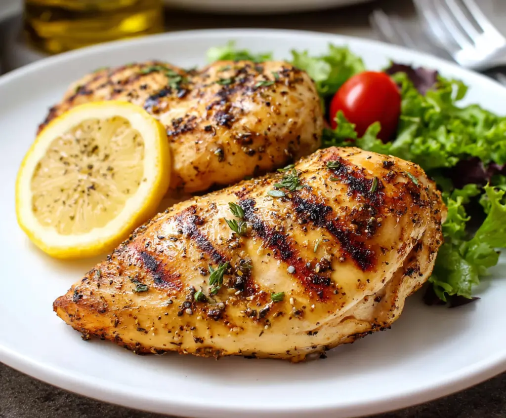 Juicy grilled lemon pepper chicken served on a plate with a lemon wedge and fresh herbs.