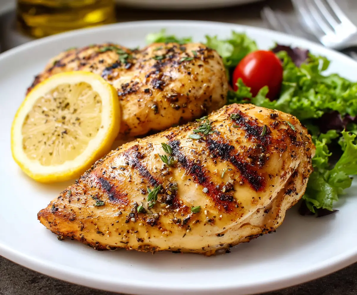 Juicy grilled lemon pepper chicken served on a plate with a lemon wedge and fresh herbs.