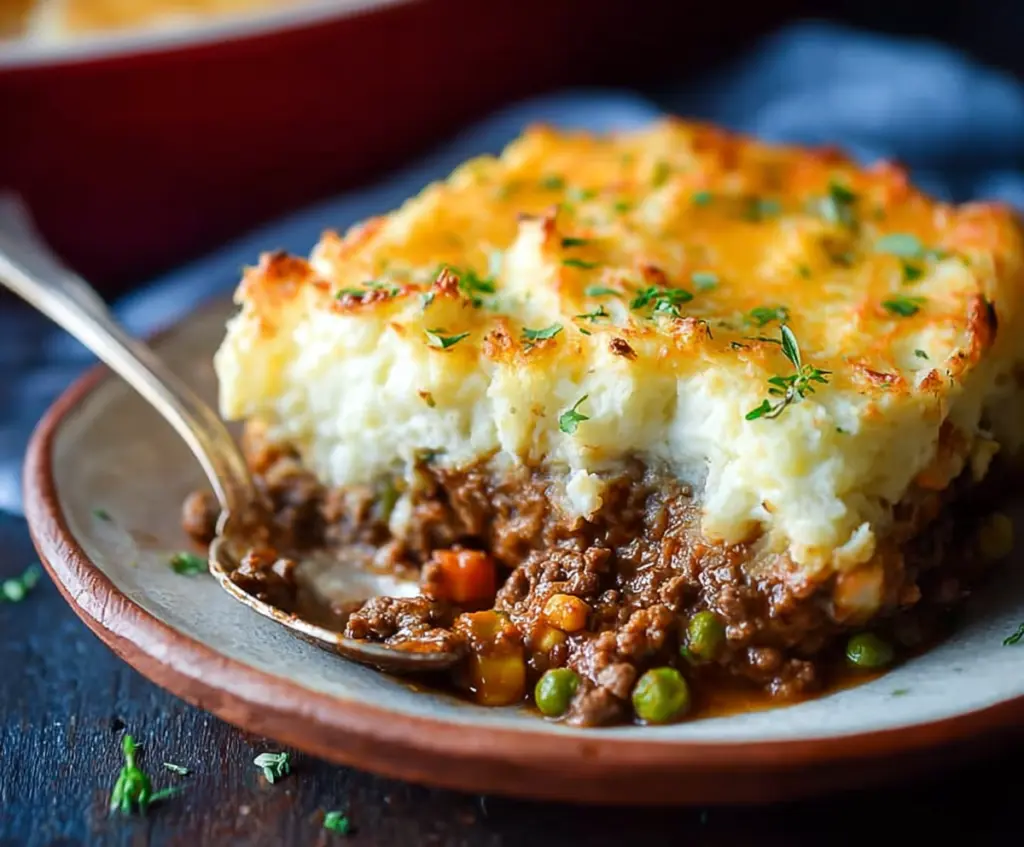 Delicious Ground Beef Shepherd's Pie with a golden crust and savory meat filling