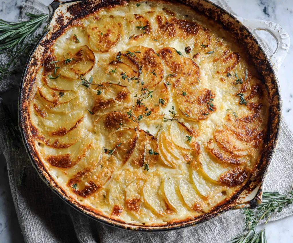 Creamy Gruyere Potato Gratin baked to golden perfection in a rustic dish.
