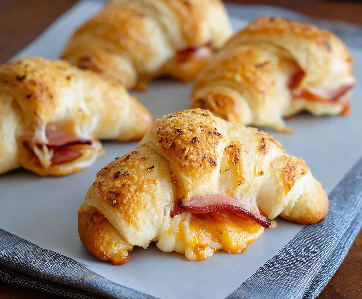 Golden ham and cheese crescent rolls fresh out of the oven, perfect for breakfast or snacks.