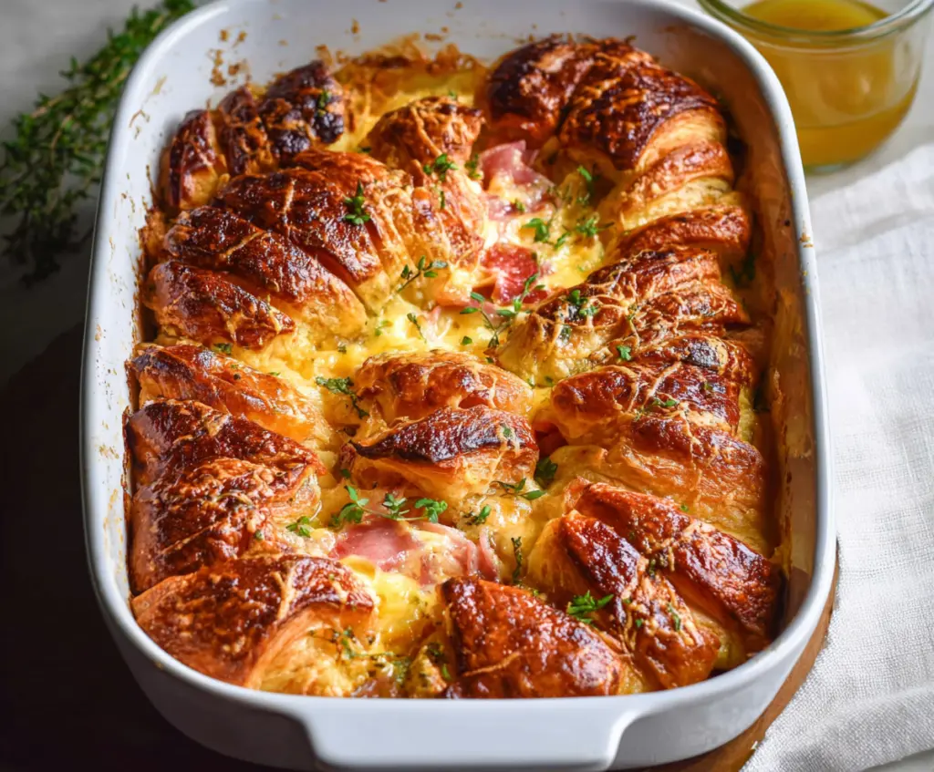 Delicious Ham and Cheese Croissant Brunch Bake with golden crust and melted cheese
