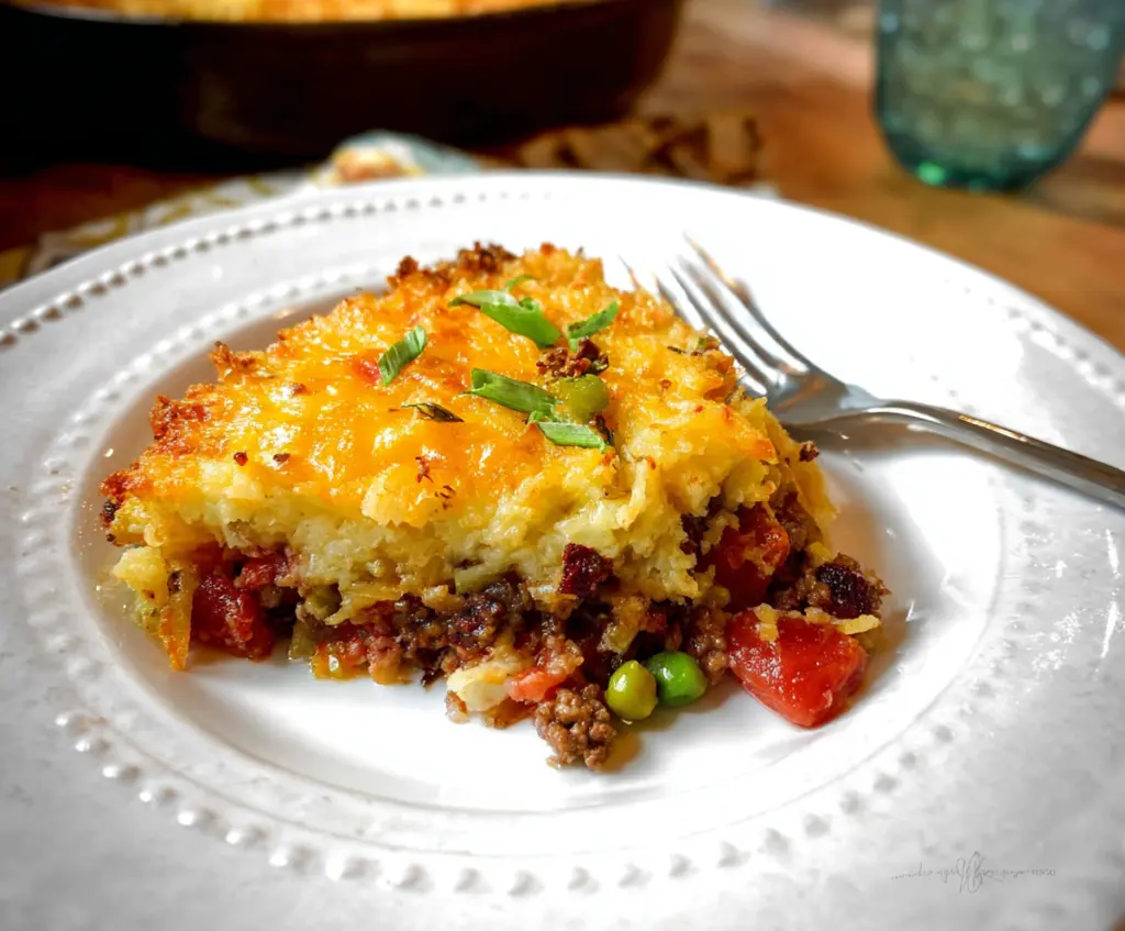 Delicious Hash Brown Shepherd's Pie with crispy golden hash browns and hearty meat filling