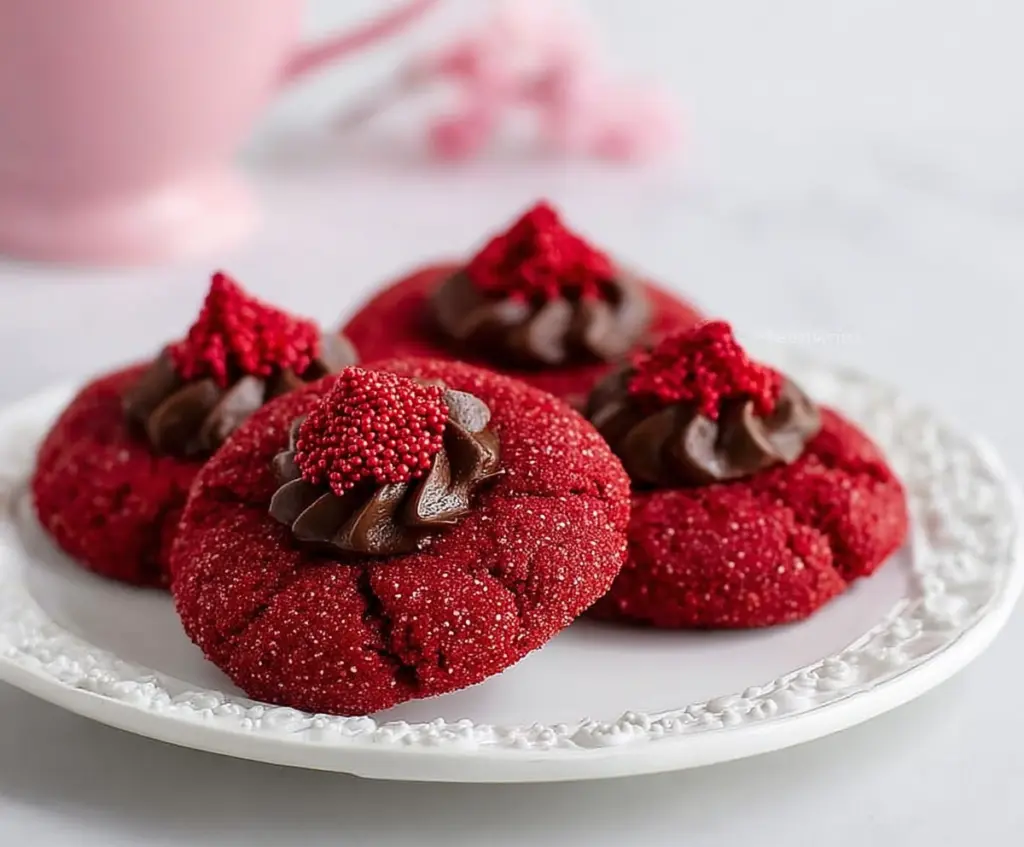 Delicious Hershey's Red Velvet Blossoms Cookies with chocolate Hershey's kisses on top.
