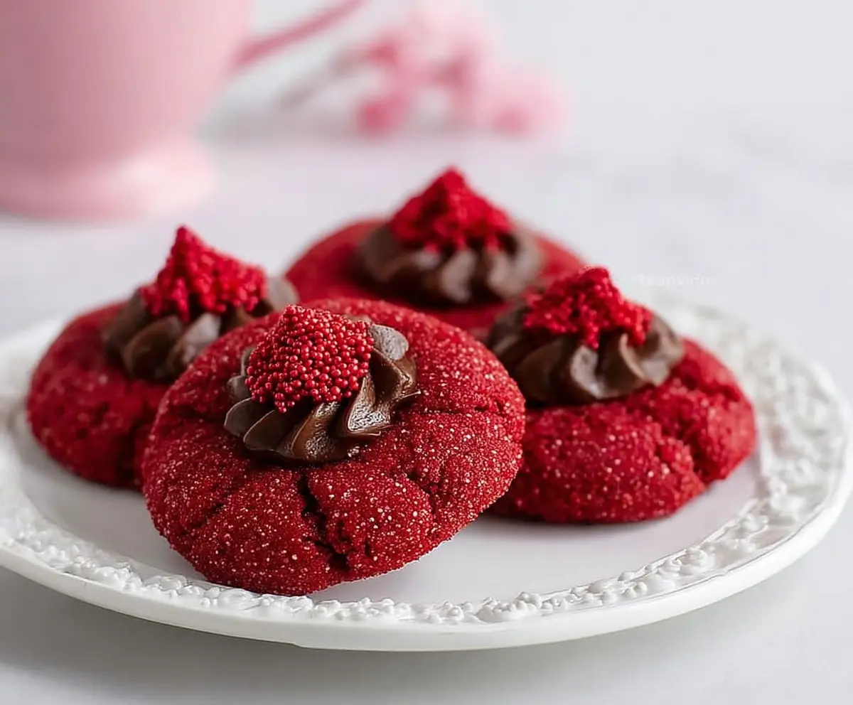 Delicious Hershey's Red Velvet Blossoms Cookies with chocolate Hershey's kisses on top.