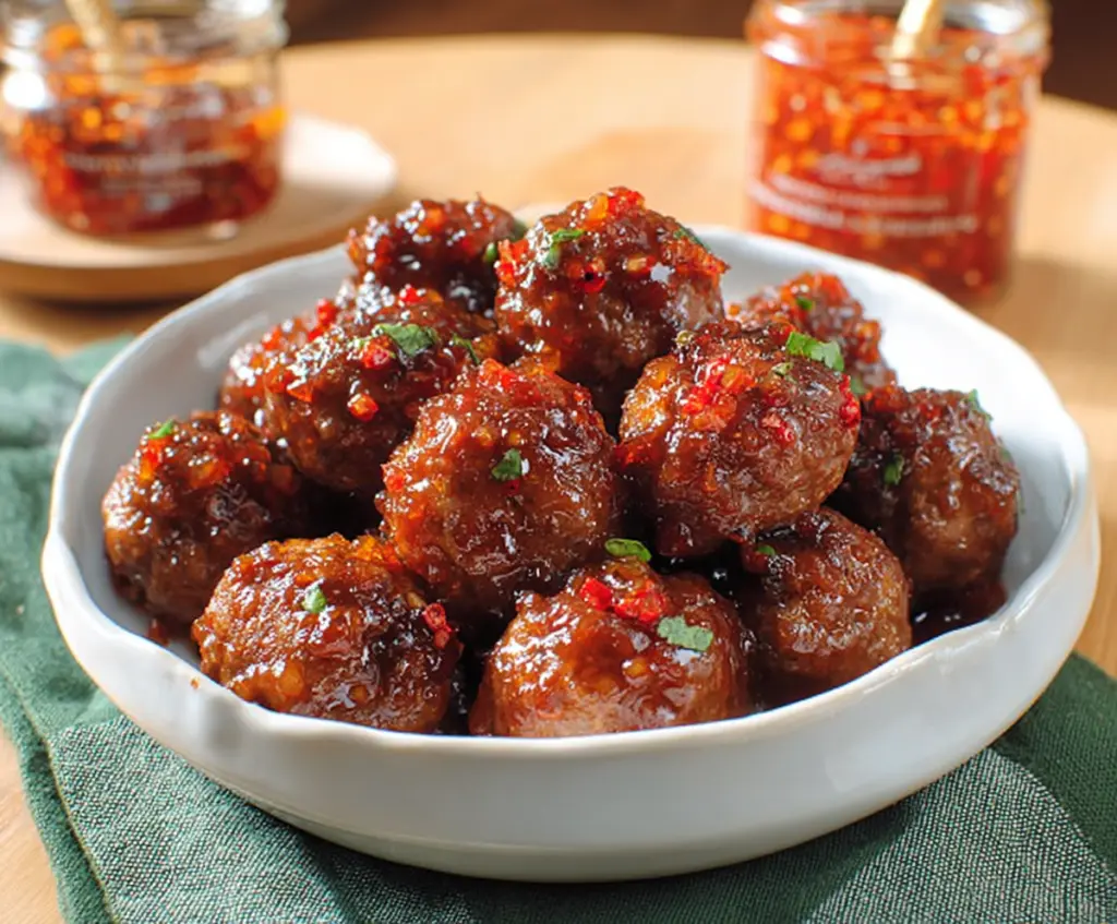 Delicious meatballs glazed with spicy hot pepper jelly, perfect for appetizers.
