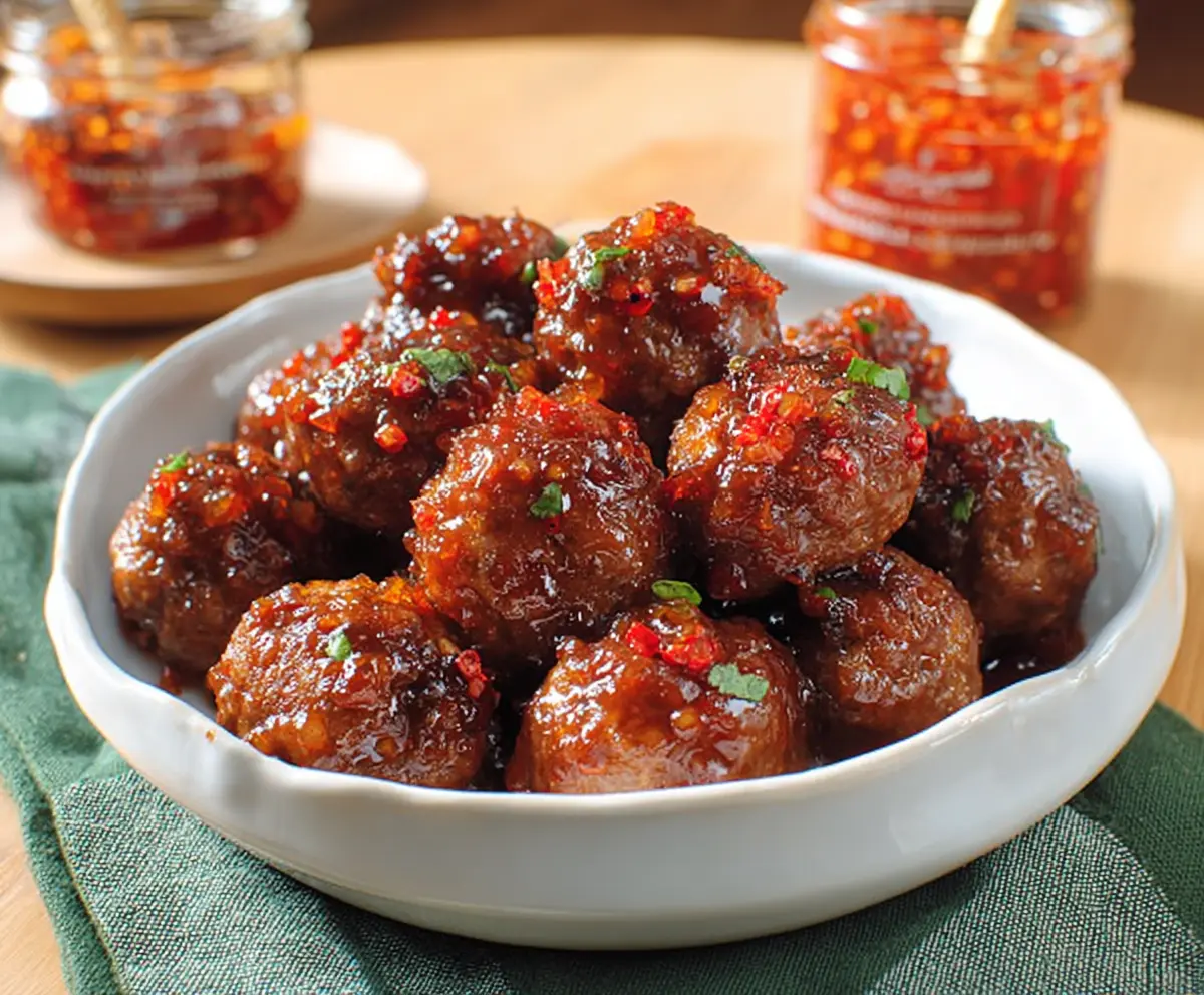 Delicious meatballs glazed with spicy hot pepper jelly, perfect for appetizers.