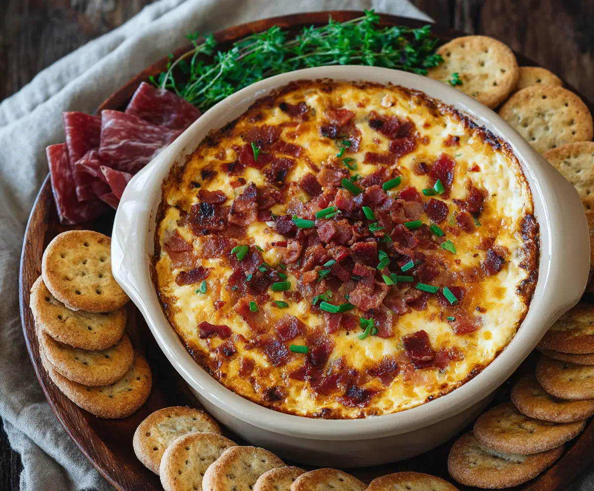 Creamy hot smoked Gouda cheese dip topped with crispy bacon bits, perfect for snacks and parties.