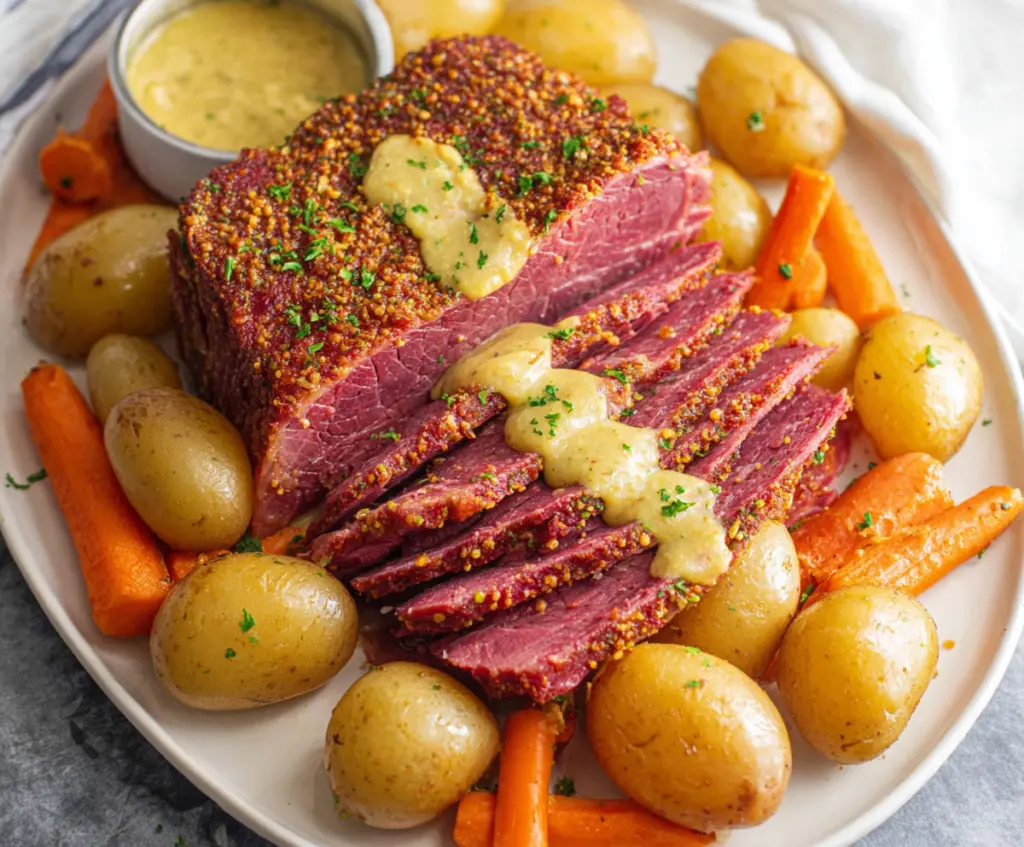 Delicious Instant Pot corned beef with a tangy mustard glaze served on a platter.
