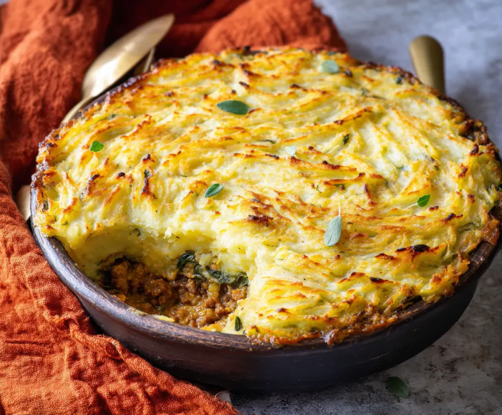 Delicious homemade Irish Cottage Pie with seasoned ground beef and creamy mashed potatoes, served in a rustic dish.