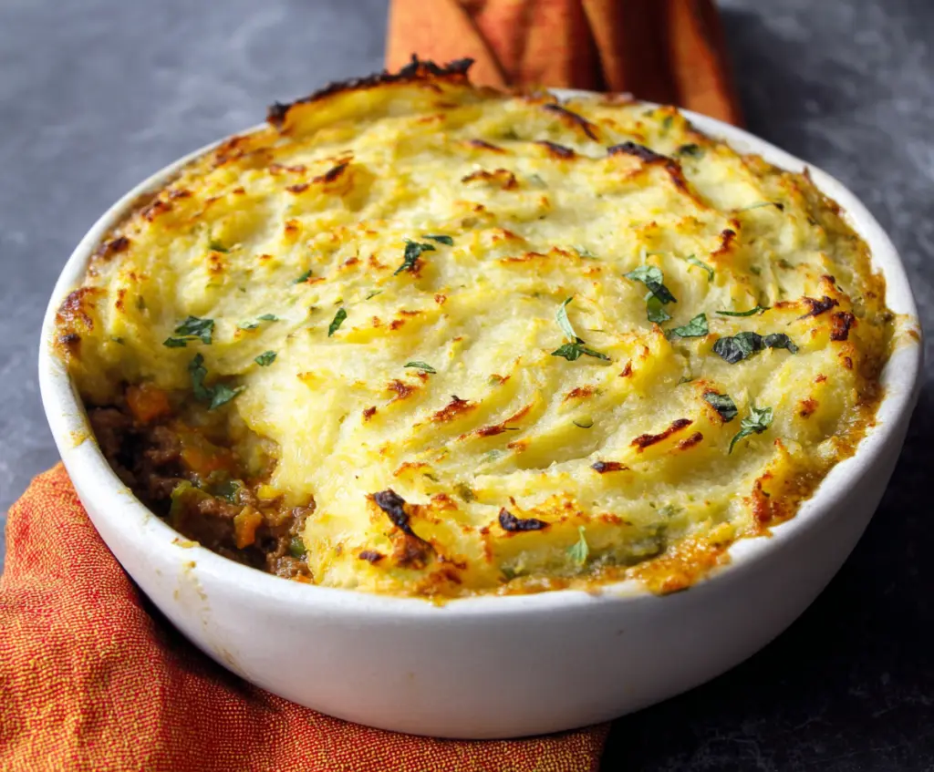 Golden-brown Irish Shepherd's Pie with mashed potato crust and savory beef filling served on a rustic plate.