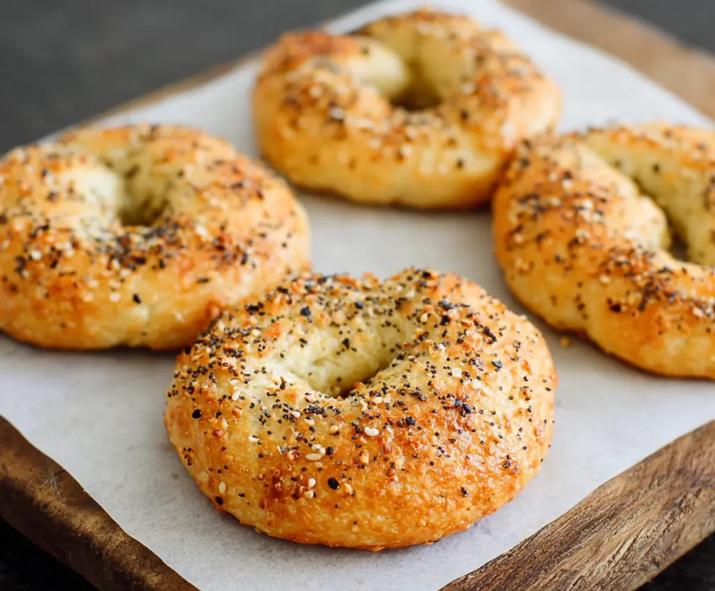 Delicious homemade keto bagels with a golden crust on a baking tray.