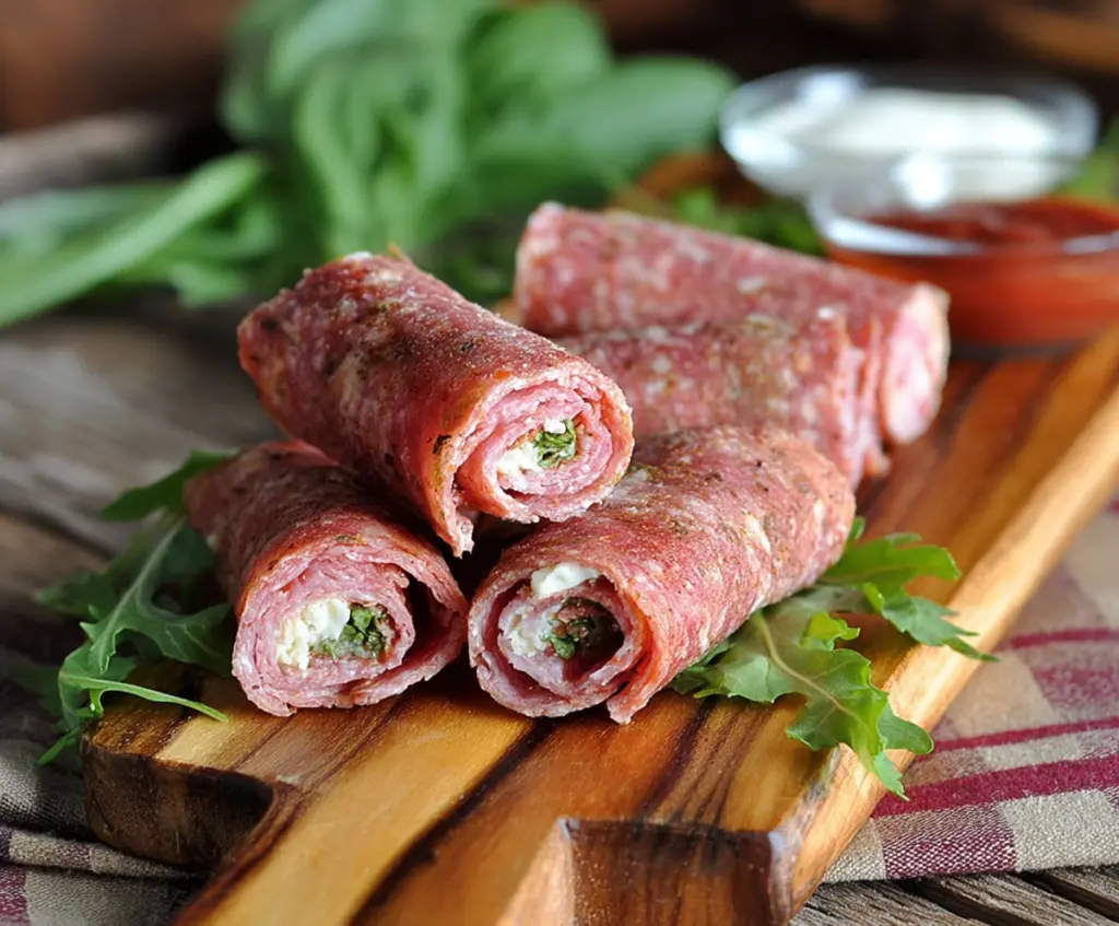 Delicious keto salami roll-ups filled with cheese and herbs, perfect for a healthy snack.