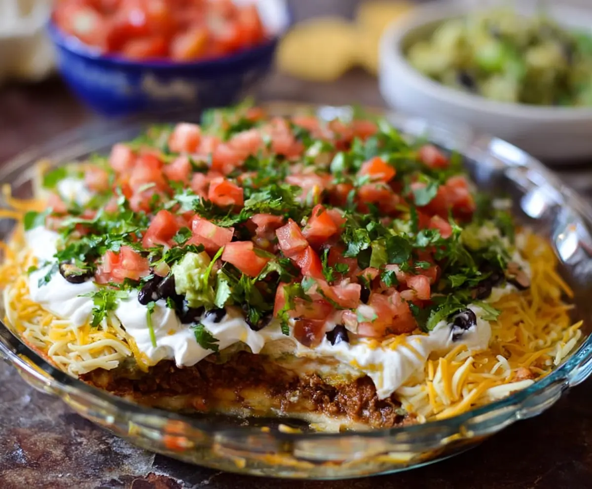 Colorful layered Tex-Mex dip with refried beans, cheese, guacamole, and salsa in a clear glass dish.