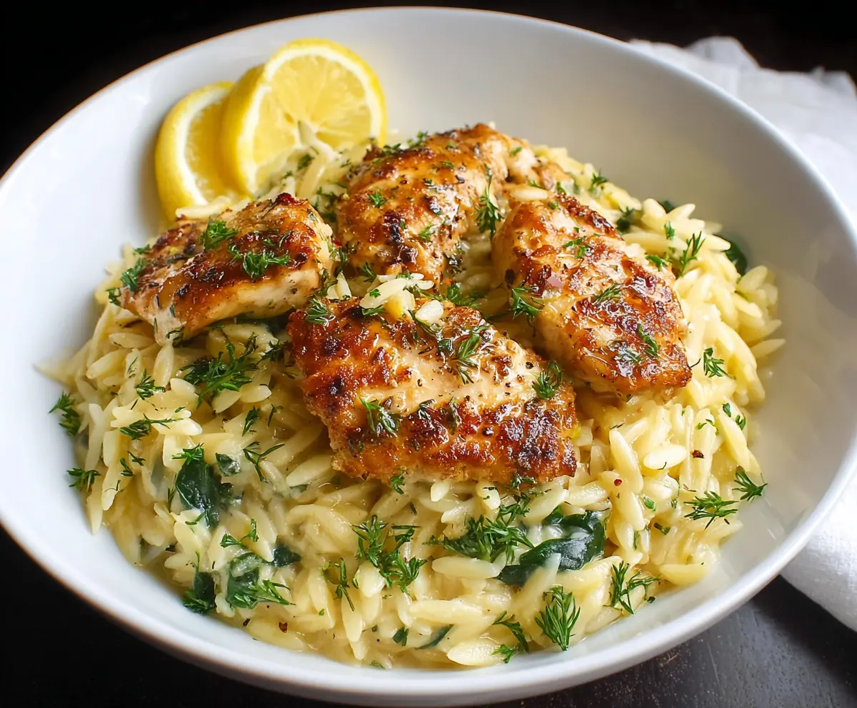 Delicious Lemon Chicken with Orzo pasta served on a white plate.